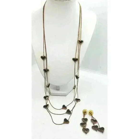 Vintage Gold Necklace Earring Set Hearts Black Center Mothers day - Picture 1 of 7